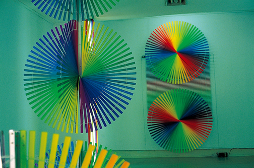Blind-Work (installation view3) — Fluorescent Paint on Blind Curtain, Aluminium Tape, Motor, Controller, 1991