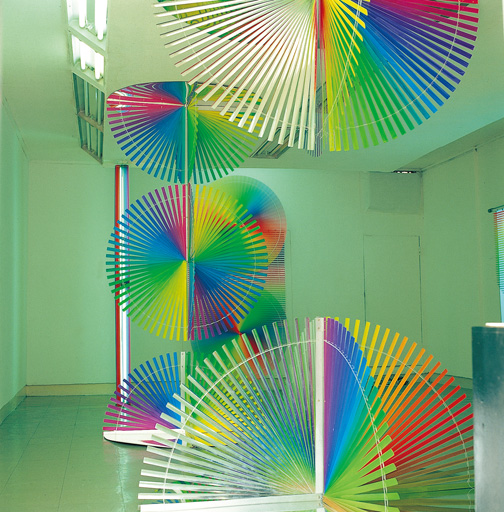 Blind-Work (installation view5) — Fluorescent Paint on Blind Curtain, Aluminium Tape, Motor, Controller, 1991