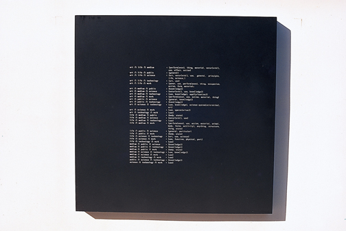 개념간의 교집합 Art ∩ life ∩ medium ∩ science ∩ public ∩ technology ∩ work — 아크릴 박스 위에 실크스크린 (each) Kwanhoon Gallery, Seoul, 1992